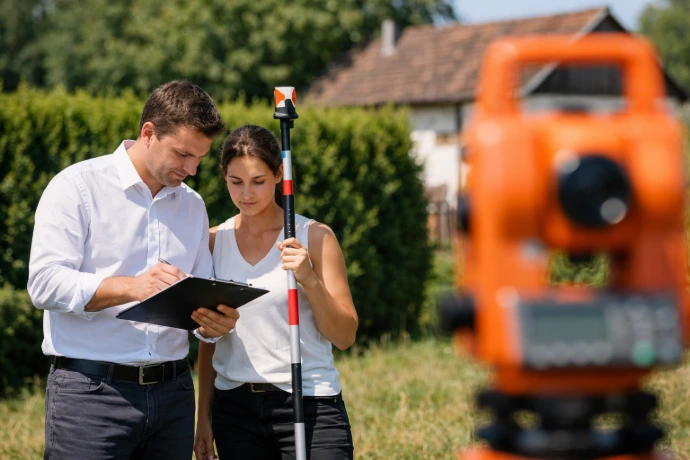 Géomètre-expert réalisant un relevé de terrain pour un bornage, avec station totale au premier plan