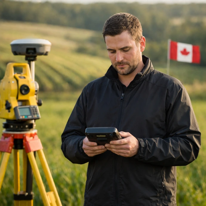 Relevé topographique par géomètre avec station totale et contrôleur GNSS en milieu rural