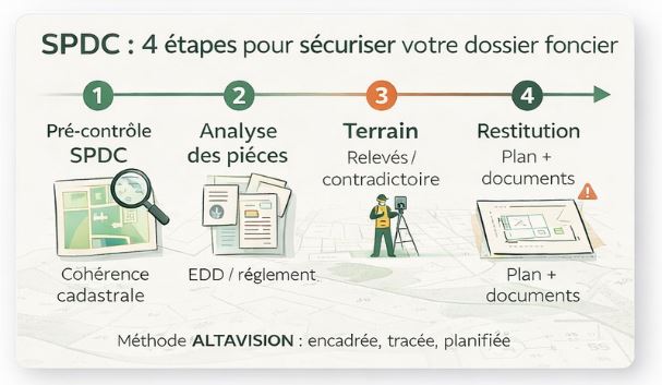 Infographie SPDC : outil de l’État (DGFiP) à accès réservé, utilisé pour fiabiliser un dossier foncier