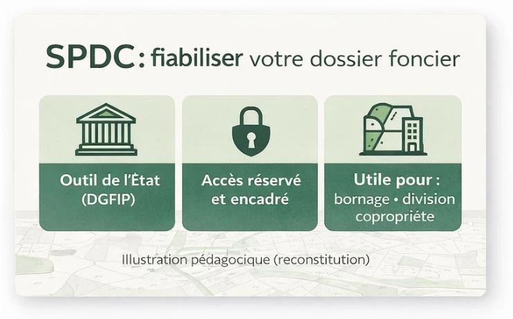 Processus en 4 étapes : cohérence cadastrale, analyse documentaire, terrain, puis restitution. Frise méthode dossier foncier : pré-contrôle SPDC, analyse des pièces, relevés terrain contradictoires, restitution du plan et des documents