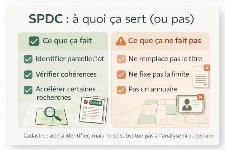 Schéma SPDC : ce que l’outil permet (identifier parcelle ou lot, vérifier cohérences) et ce qu’il ne remplace pas (titre, limite, annuaire)