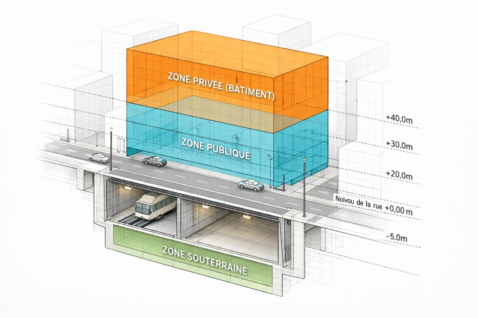 Illustration géométrique représentant la division en volumes et la structuration tridimensionnelle d’un ensemble immobilier