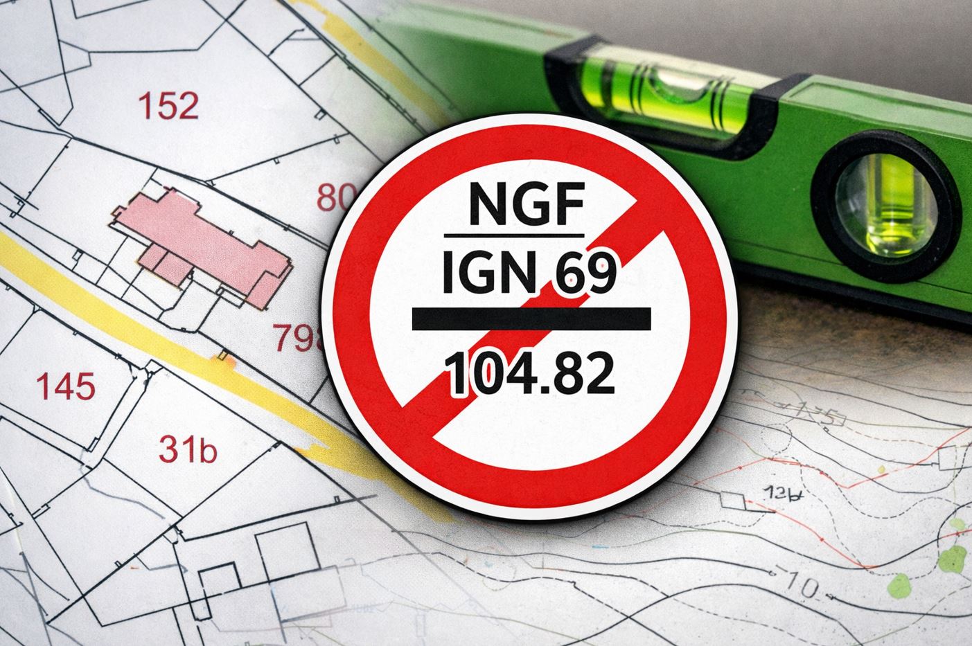 Illustration d’un plan cadastral sans altimétrie NGF, avec repère barré et niveau de chantier