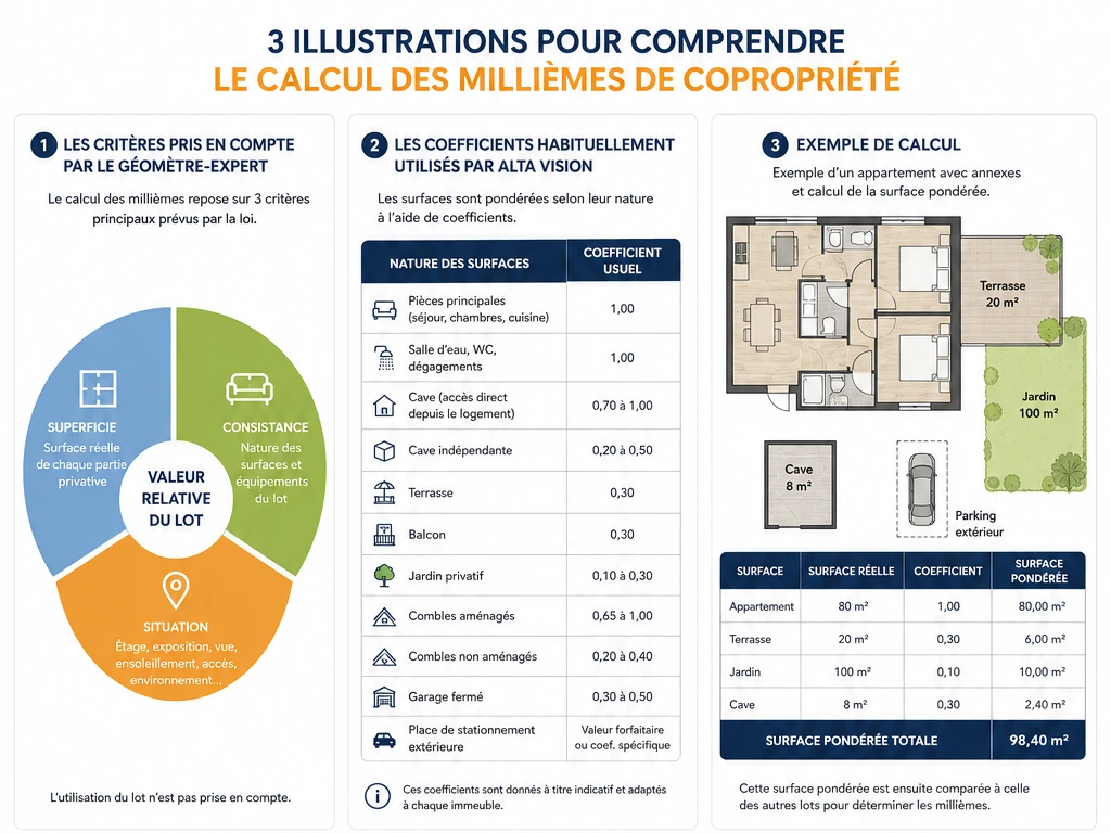 Illustration des coefficients de pondération utilisés pour le calcul des millièmes de copropriété par un Géomètre-Expert.