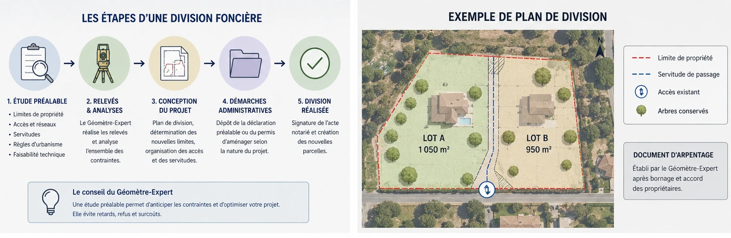 Les étapes d'une division foncière Étapes d'une division foncière réalisées par un Géomètre-Expert avant la création de nouvelles parcelles