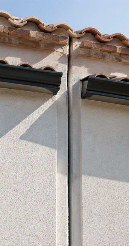 Joint de dilatation entre deux villas jumelées révélant leur indépendance structurelle