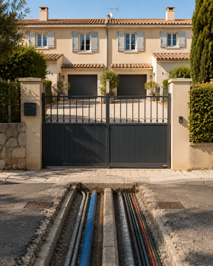 Villa jumelée avec portail commun, voie d’accès partagée et réseaux enterrés communs