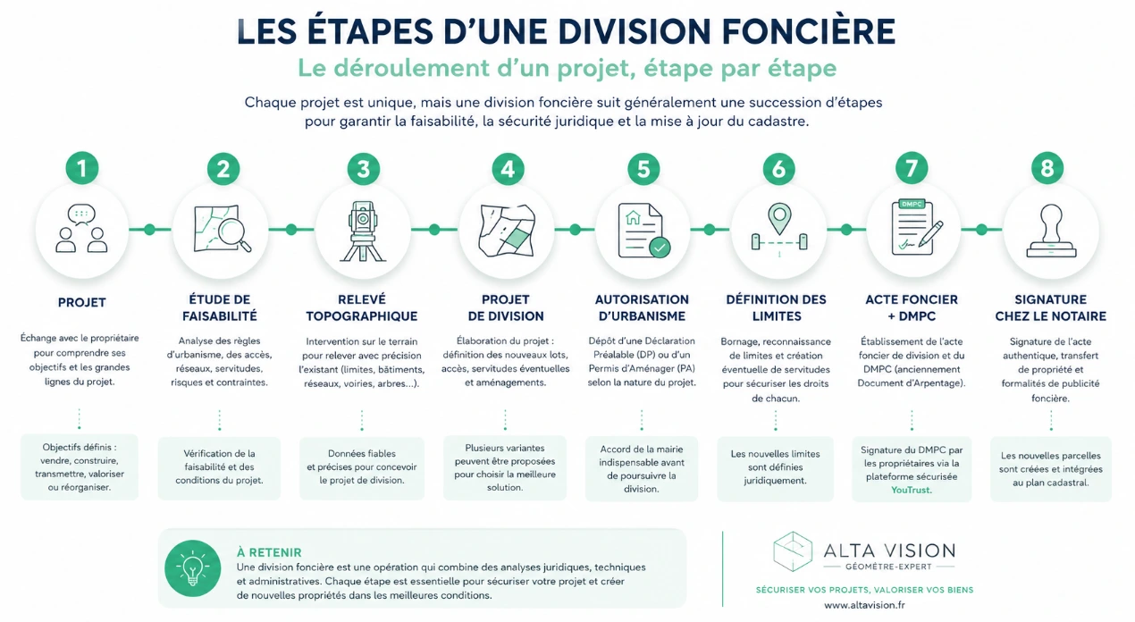 Schéma des étapes d'une division foncière : étude de faisabilité, relevé topographique, DMPC, bornage et signature chez le notaire.