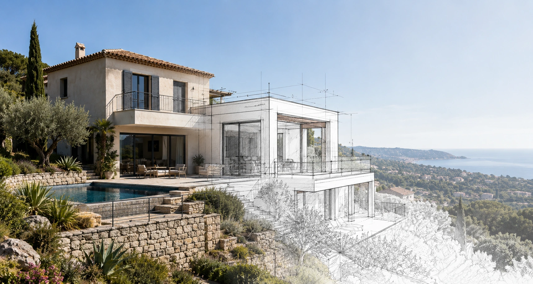 Du relevé de l’existant au projet d’extension : une base précise pour votre architecte. Projet d’extension de maison à partir d’un relevé réalisé par un Géomètre-Expert dans les Alpes-Maritimes