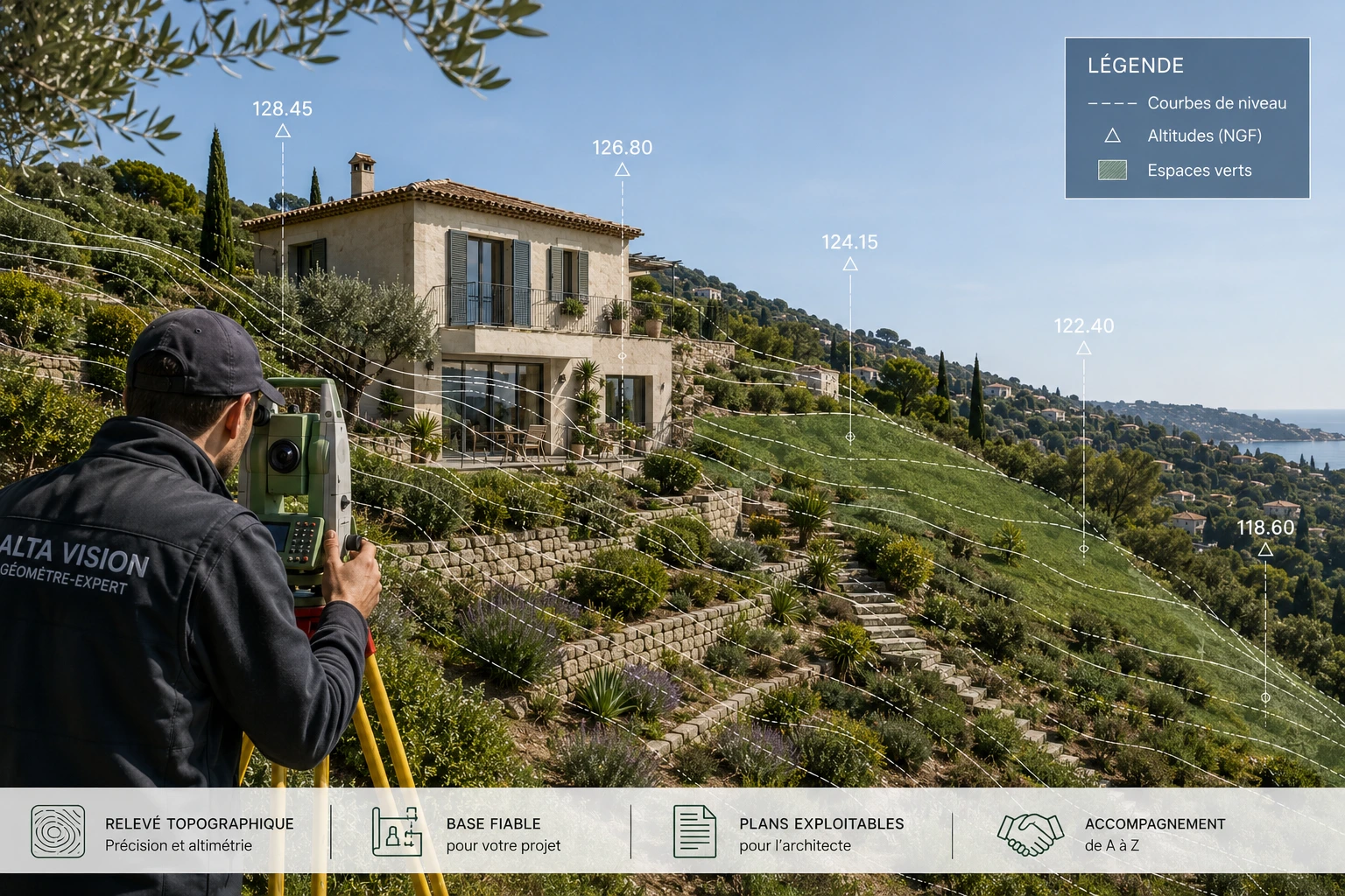 Terrain, intérieur et façades : des plans cohérents et directement exploitables par votre architecte. Plan topographique, plan intérieur et façade réalisés pour préparer un projet d’extension de maison