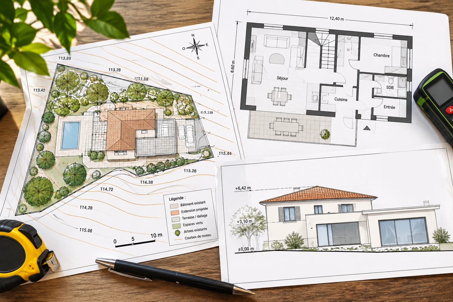 Des plans précis de l’existant pour permettre à l’architecte de concevoir et faire évoluer votre projet d’extension. Plans du Géomètre-Expert transmis à l’architecte pour concevoir un projet d’extension de maison