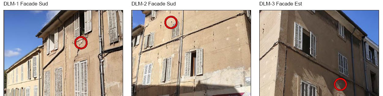 Fissuromètres connectés installés sur les fissures d’un immeuble ancien pour suivre leur évolution par ALTA VISION